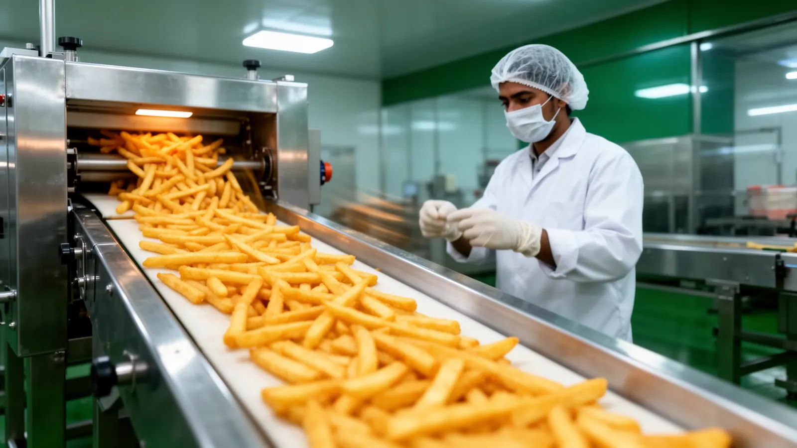 Premium frozen french fries on a stainless steel processing line at The Nilgiri Root — farm-to-freezer manufacturing facility in Tamil Nadu, India
