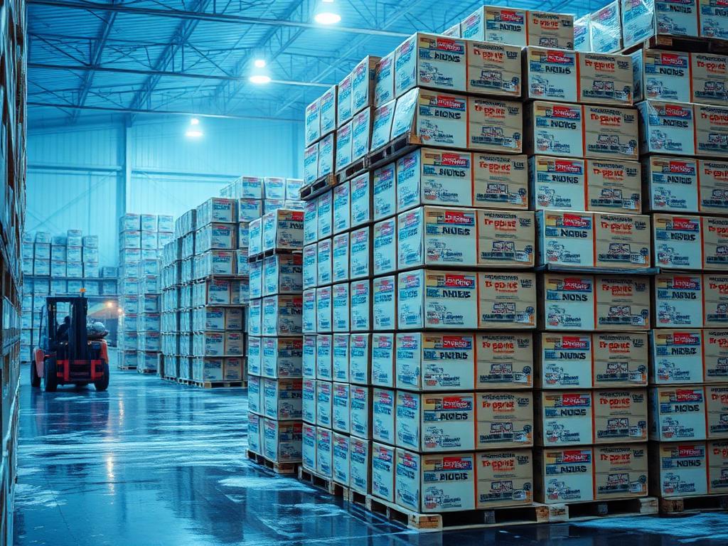 Cold storage warehouse with stacked pallets of bulk frozen food cartons