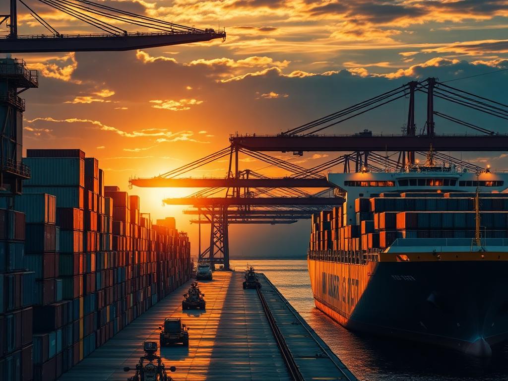 Cargo shipping port with stacked containers and a container ship at sunset