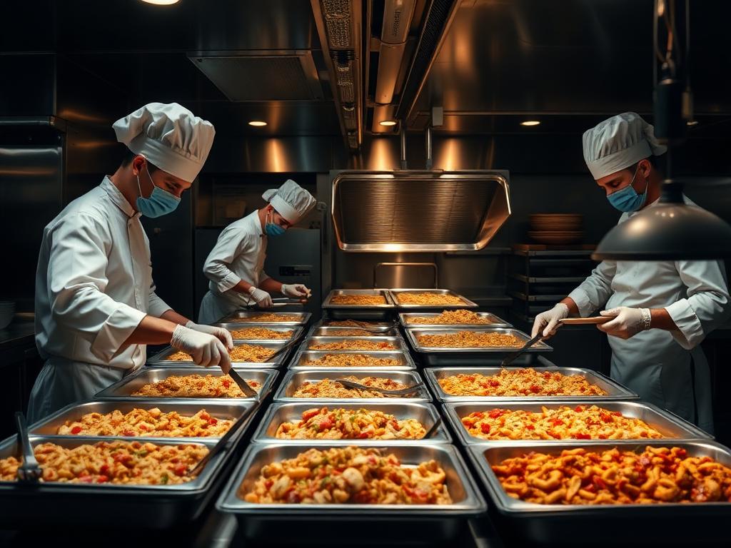 Hotel banquet kitchen team preparing large-volume food service trays