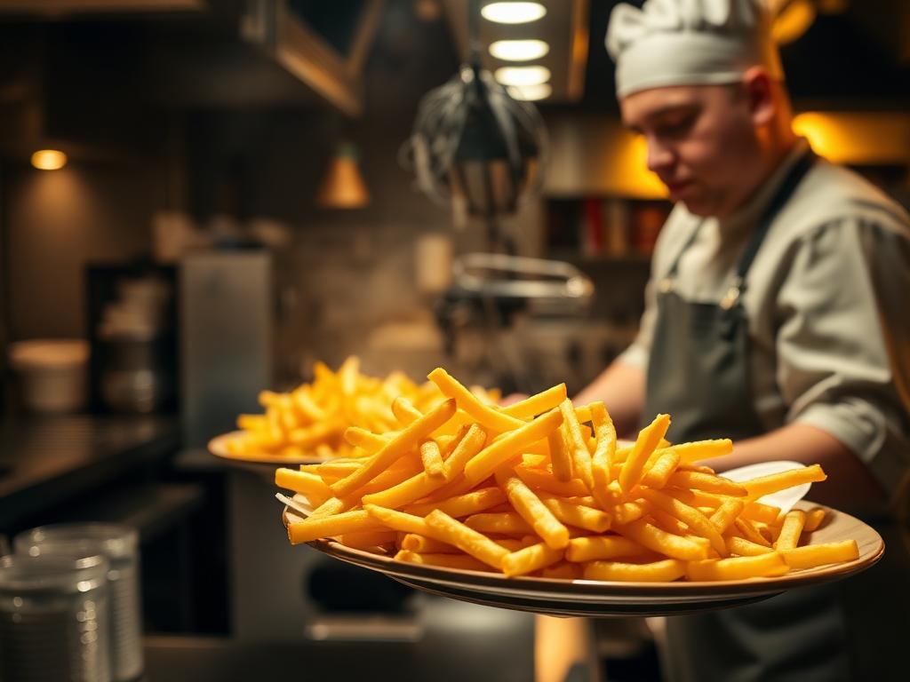 Chef serving a plate of golden crispy french fries in a restaurant kitchen