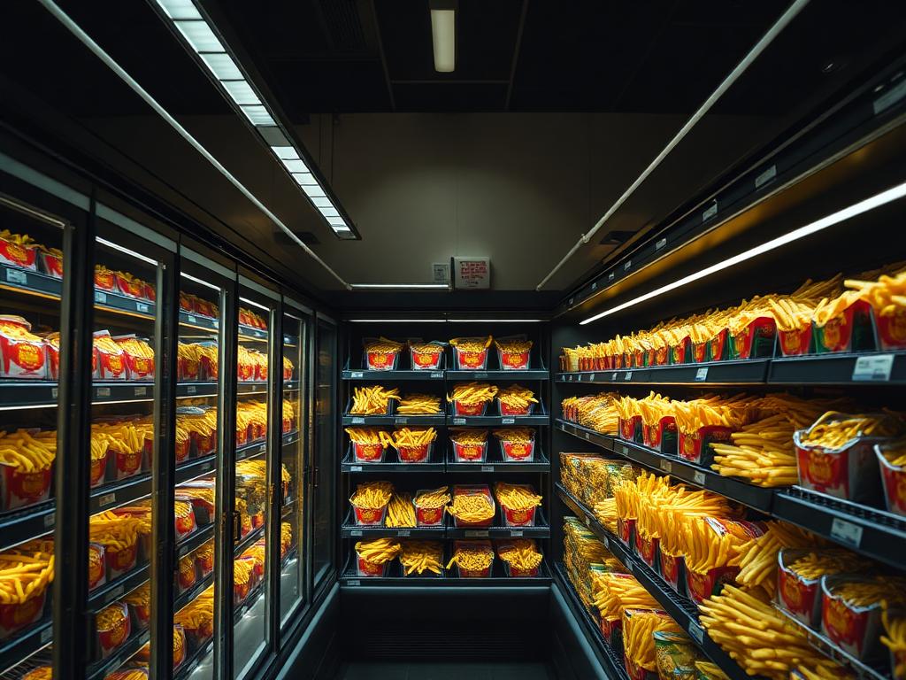 Frozen french fries packs neatly arranged in supermarket freezer aisle
